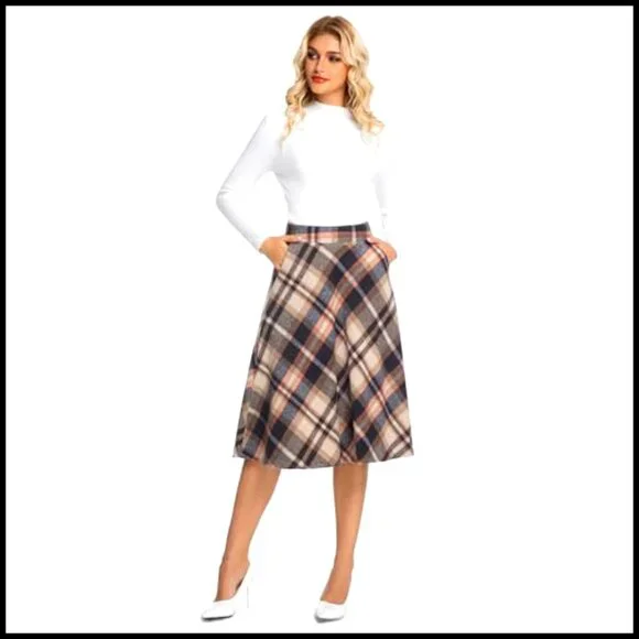 Woolen High Waist A-Line Pleated Midi Skirt with Pockets - Picture 4 of 7